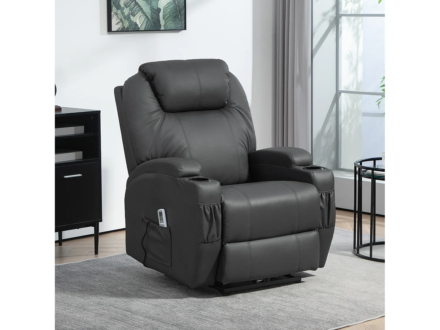 Fauteuil relax avec fonction massage, Cuir synthétique, Noir (82x97x110 cm)