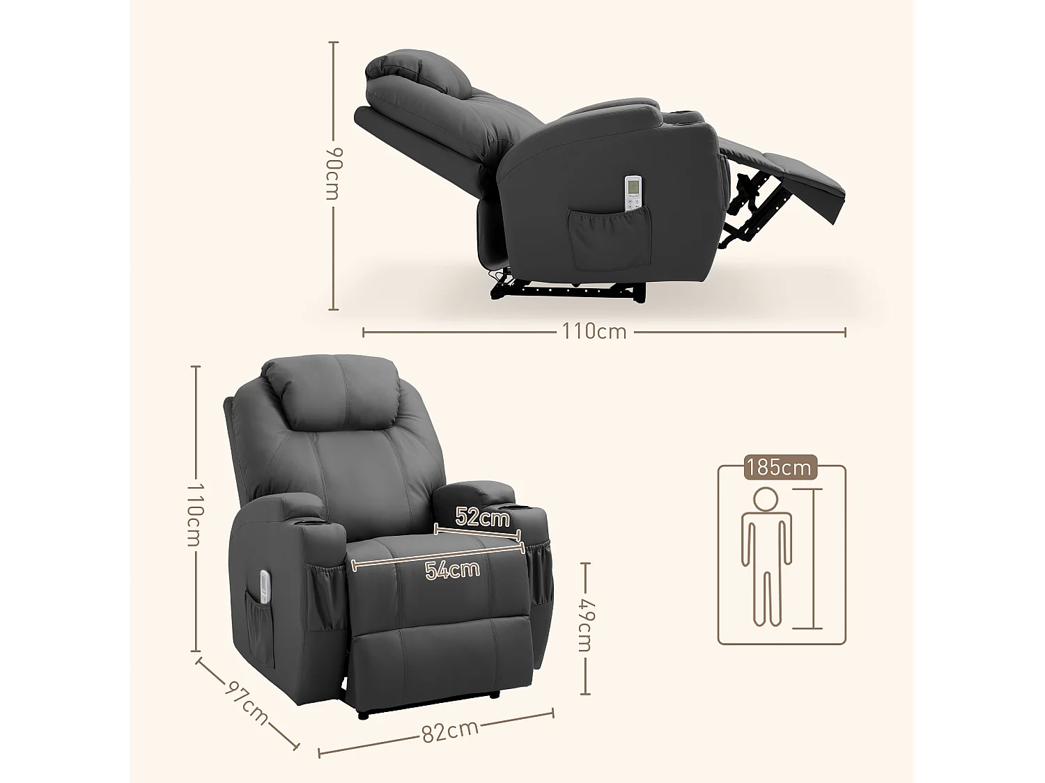 Fauteuil relax avec fonction massage, Cuir synthétique, Noir (82x97x110 cm)