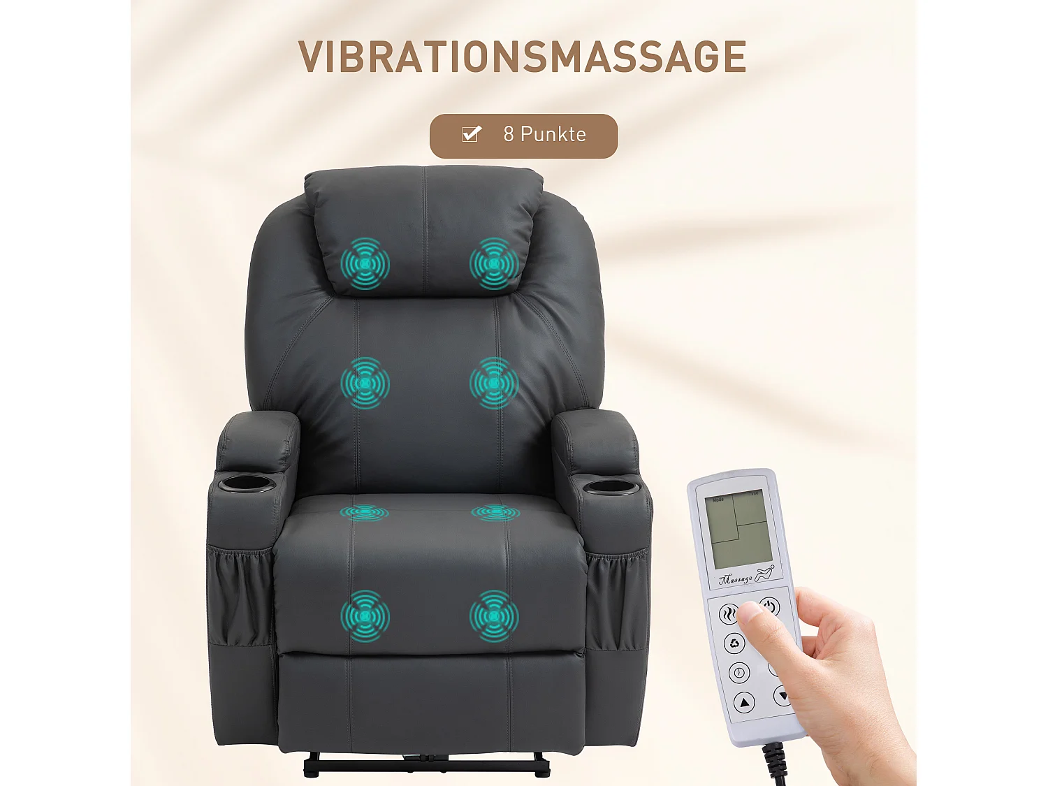 Fauteuil relax avec fonction massage, Cuir synthétique, Noir (82x97x110 cm)