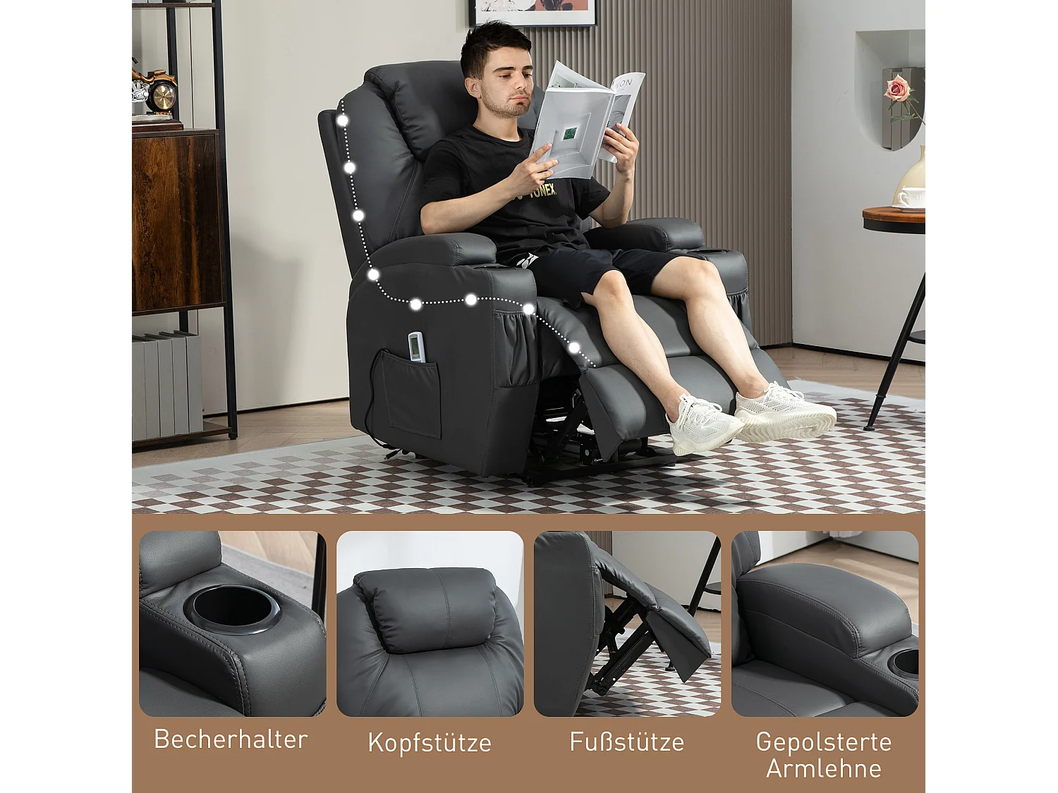 Fauteuil relax avec fonction massage, Cuir synthétique, Noir (82x97x110 cm)