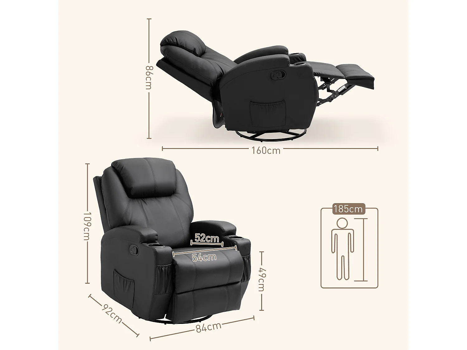 Fauteuil relax électrique avec repose-pieds, 5 modes de massage, Microfibre, Noir (84x92x109 cm)
