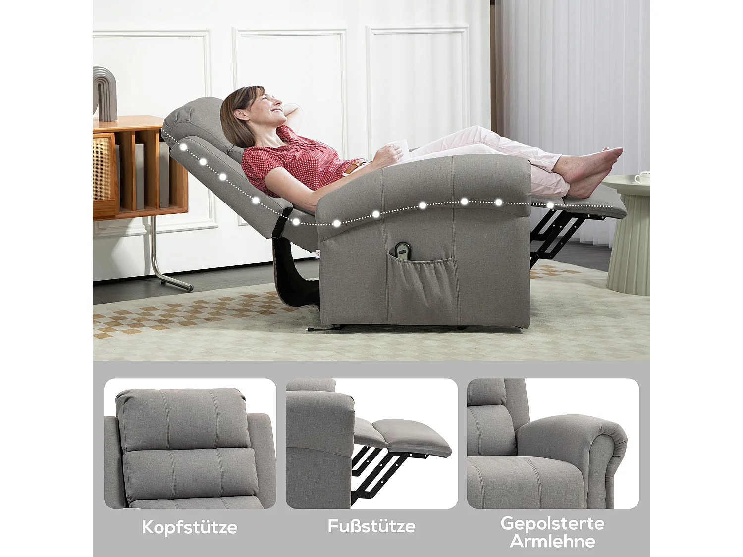 Elektrische tv-fauteuil met heffunctie, Relax met massage- en verwarmingsfunctie, stoffen bekleding, lichtgrijs (91x89x106 cm)