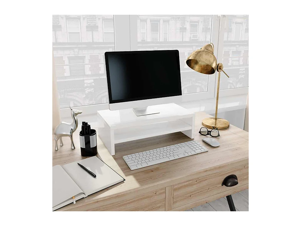 Support de moniteur Blanc brillant 42x24x13cm Bois d'ingénierie