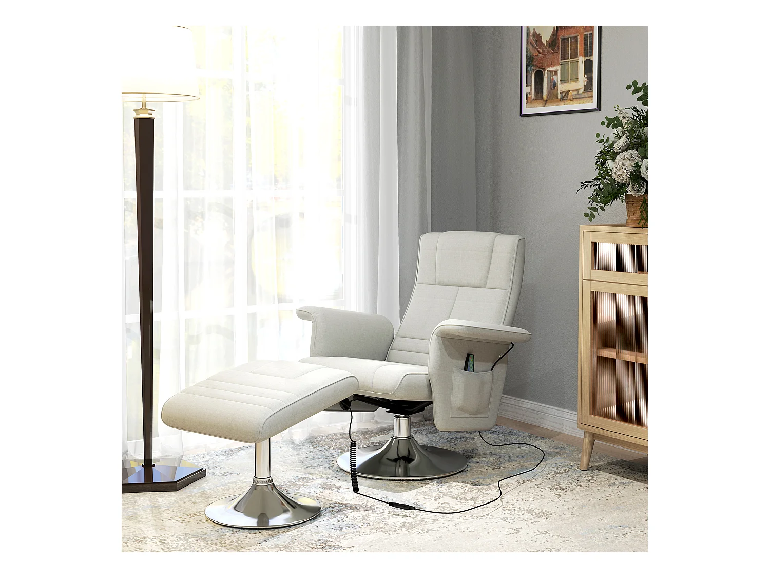 Fauteuil relax avec fonction de massage, repose-pieds, pivotant, lin, crème (78x95x88 cm)