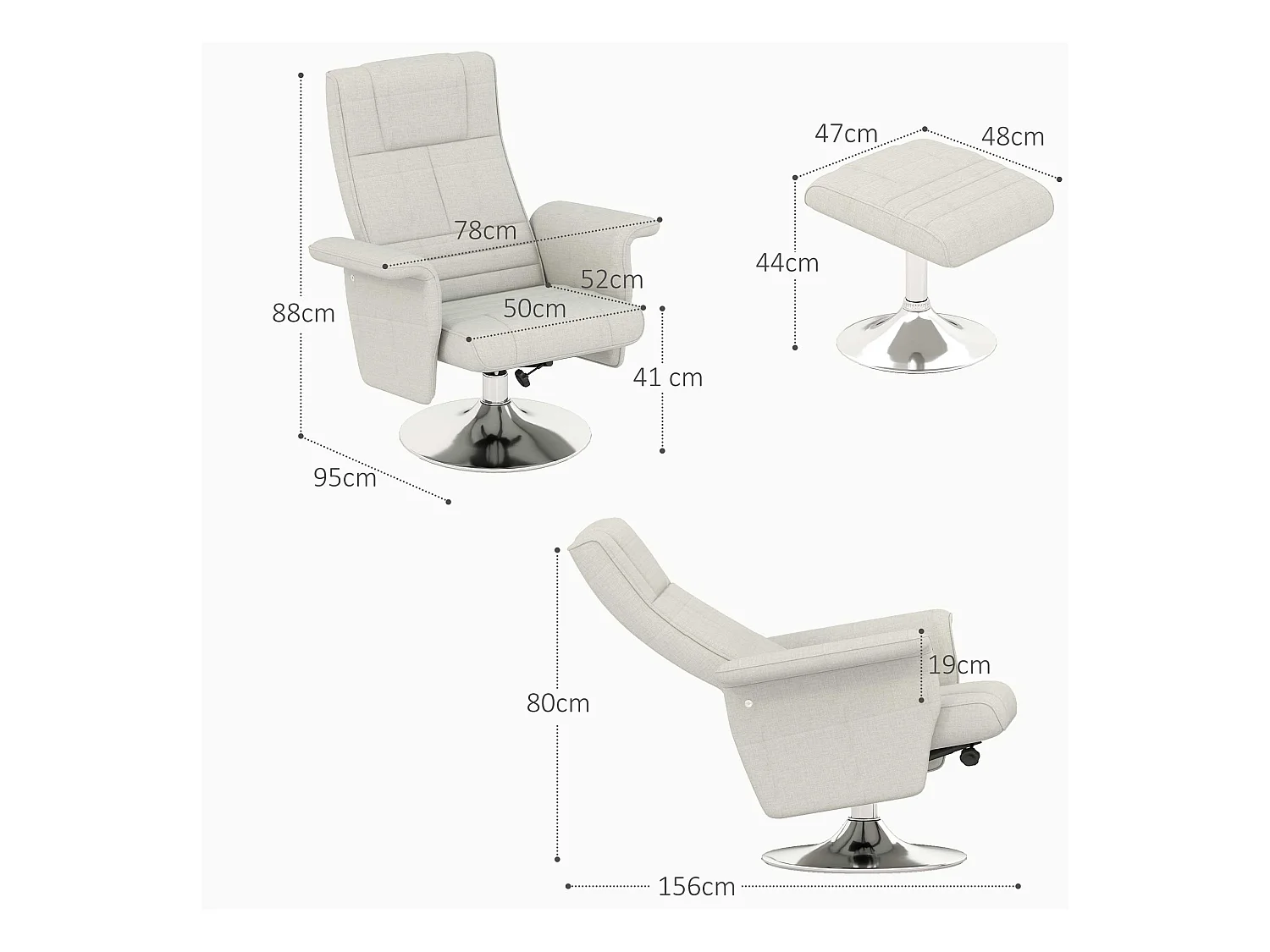 Fauteuil relax avec fonction de massage, repose-pieds, pivotant, lin, crème (78x95x88 cm)