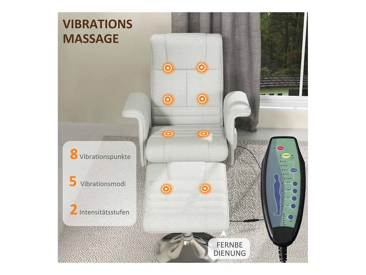 Fauteuil relax avec fonction de massage, repose-pieds, pivotant, lin, crème (78x95x88 cm)