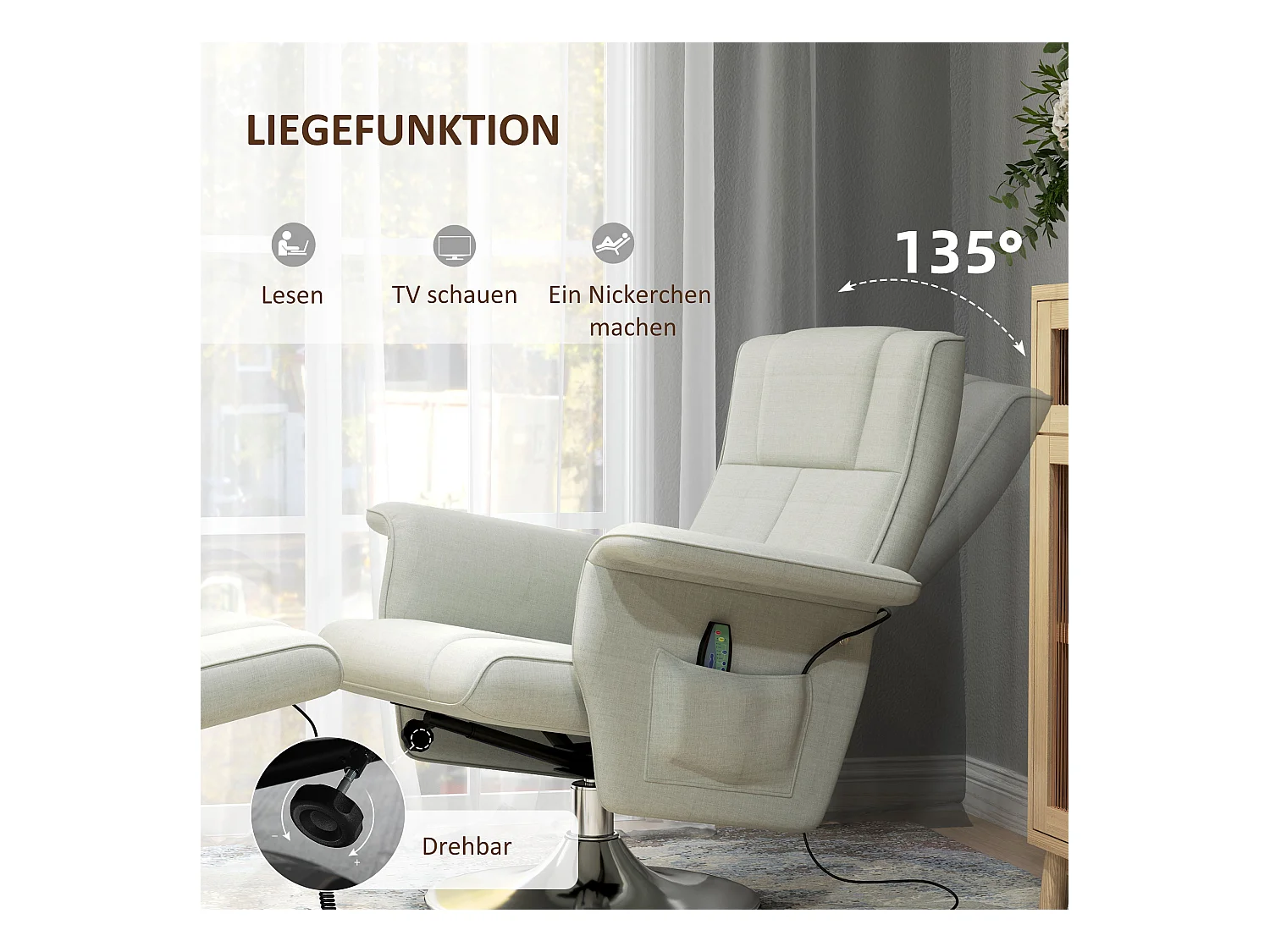 Fauteuil relax avec fonction de massage, repose-pieds, pivotant, lin, crème (78x95x88 cm)