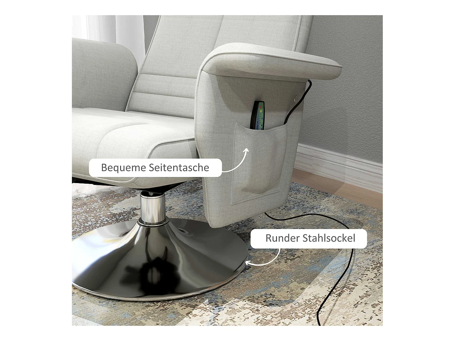 Fauteuil relax avec fonction de massage, repose-pieds, pivotant, lin, crème (78x95x88 cm)