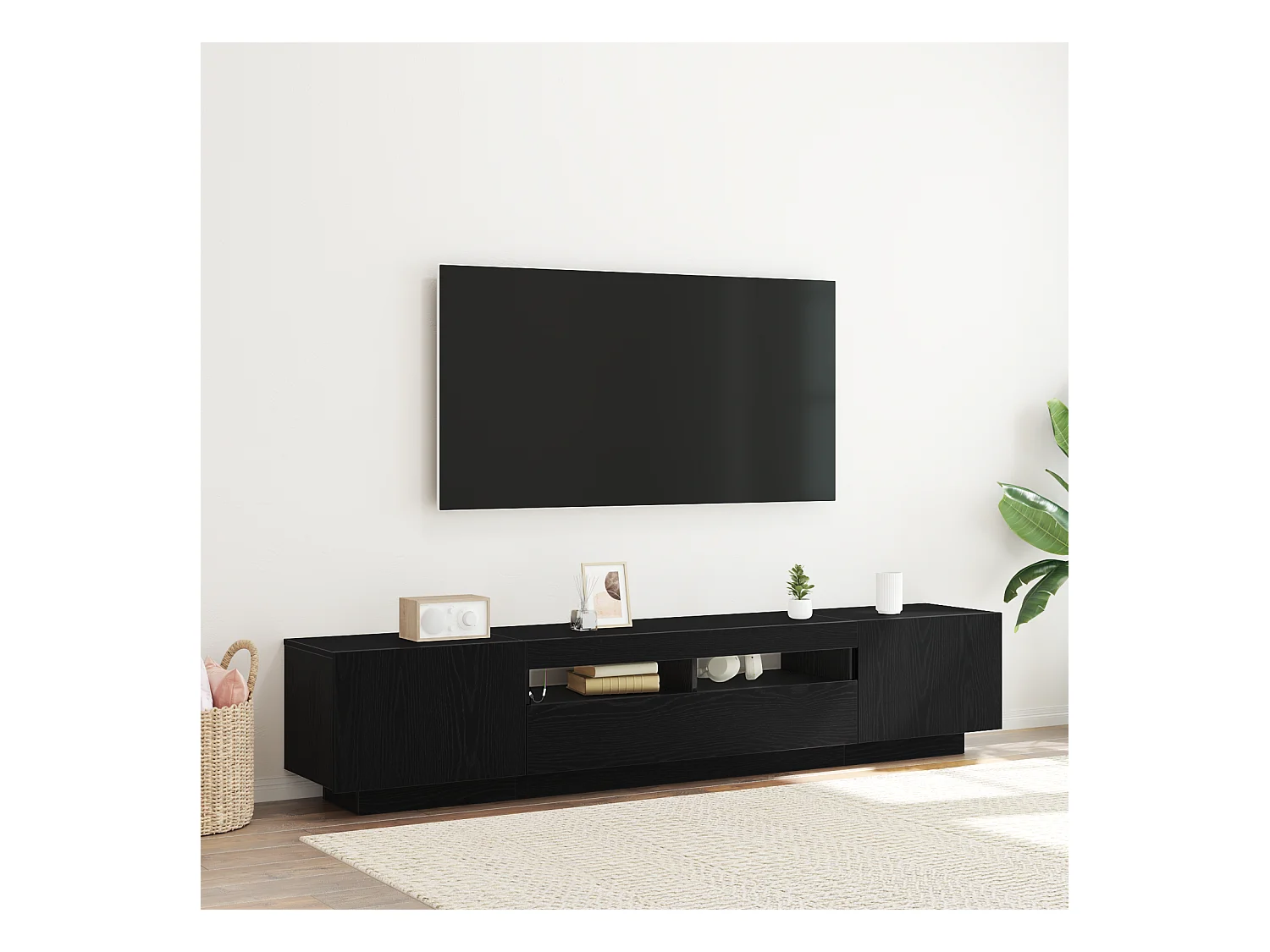 Meuble TV avec lumières LED en chêne noir 200x35x40 cm