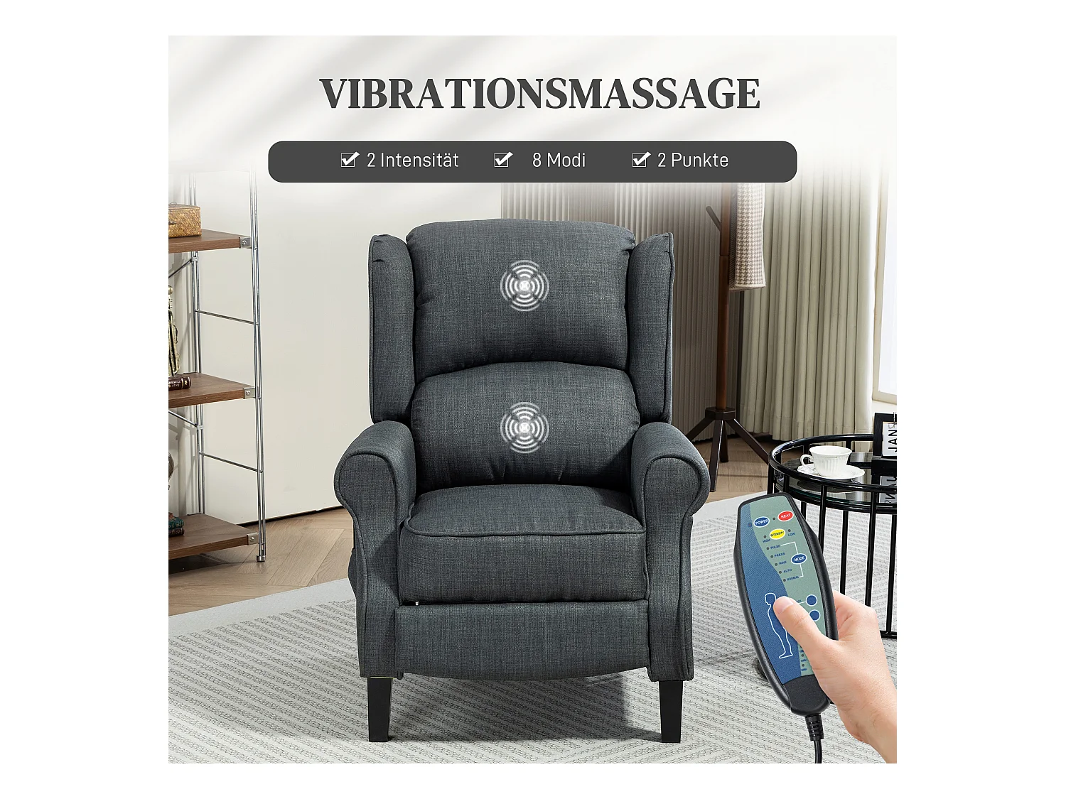 Fauteuil TV relax électrique avec massage et chauffage, revêtement polyester, gris foncé (78x83x101cm)