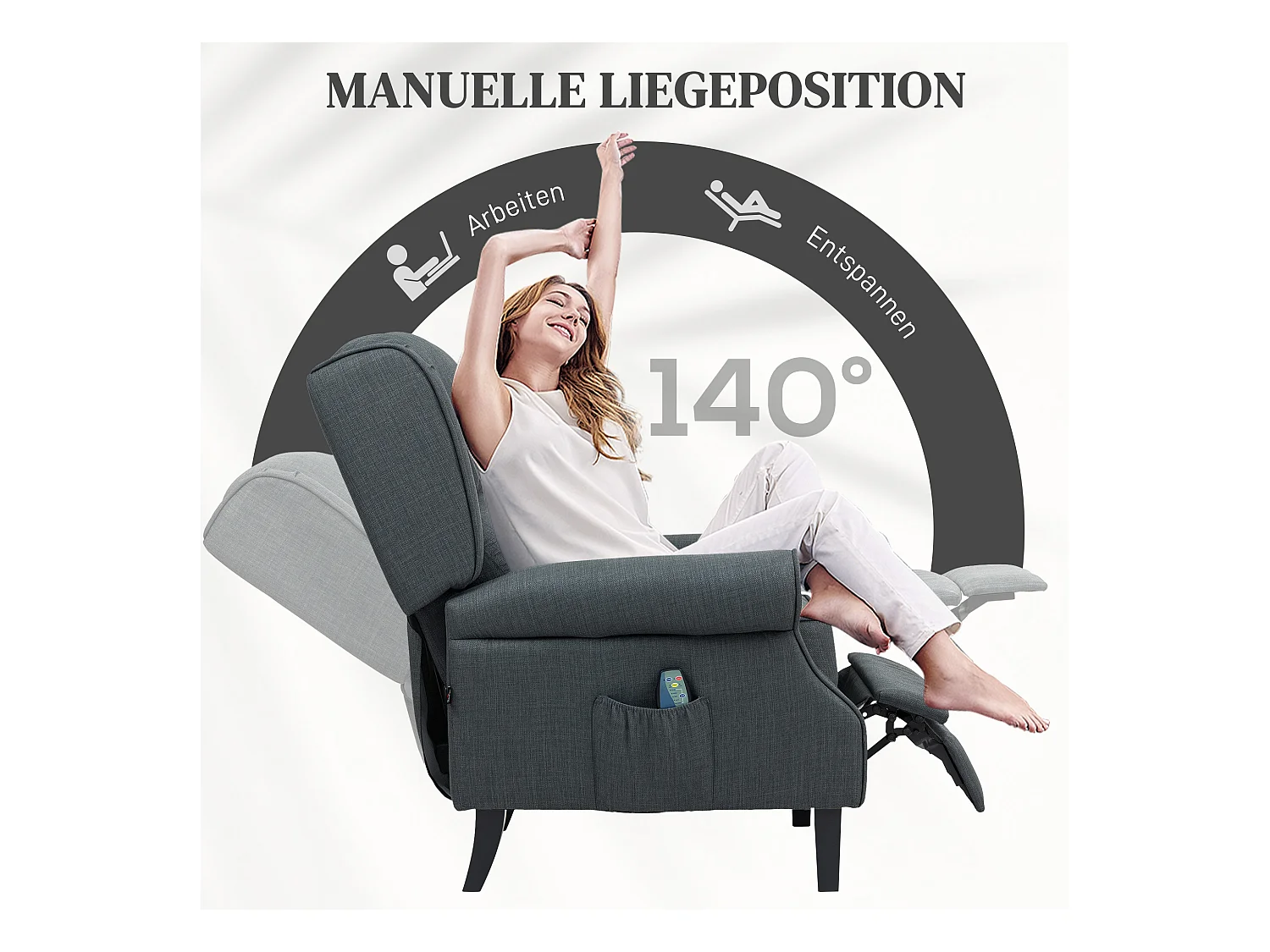 Fauteuil TV relax électrique avec massage et chauffage, revêtement polyester, gris foncé (78x83x101cm)