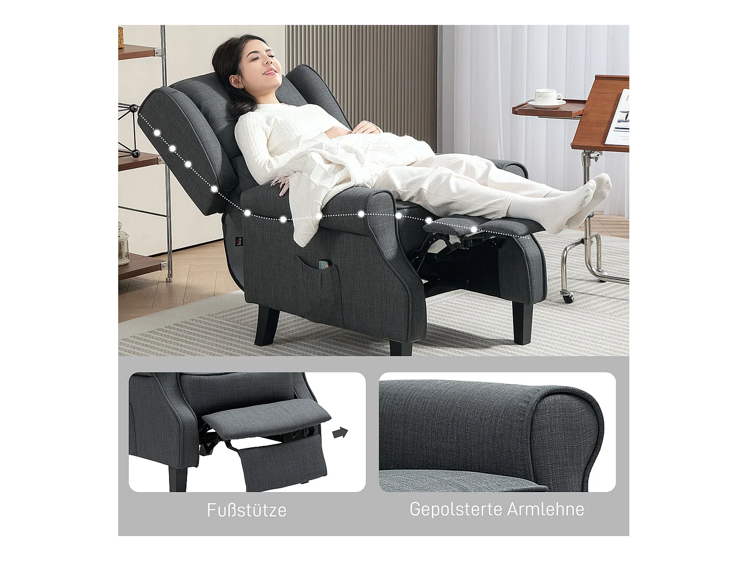 Fauteuil TV relax électrique avec massage et chauffage, revêtement polyester, gris foncé (78x83x101cm)