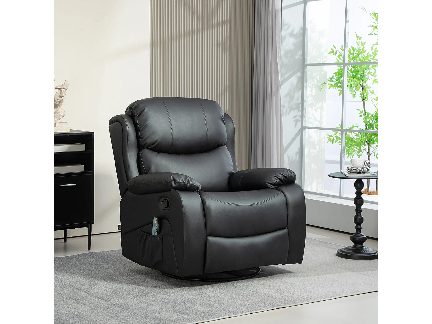 Relaxfauteuil met massage en verwarming, relaxfunctie, draaibaar, leer, zwart (97x92x104 cm)