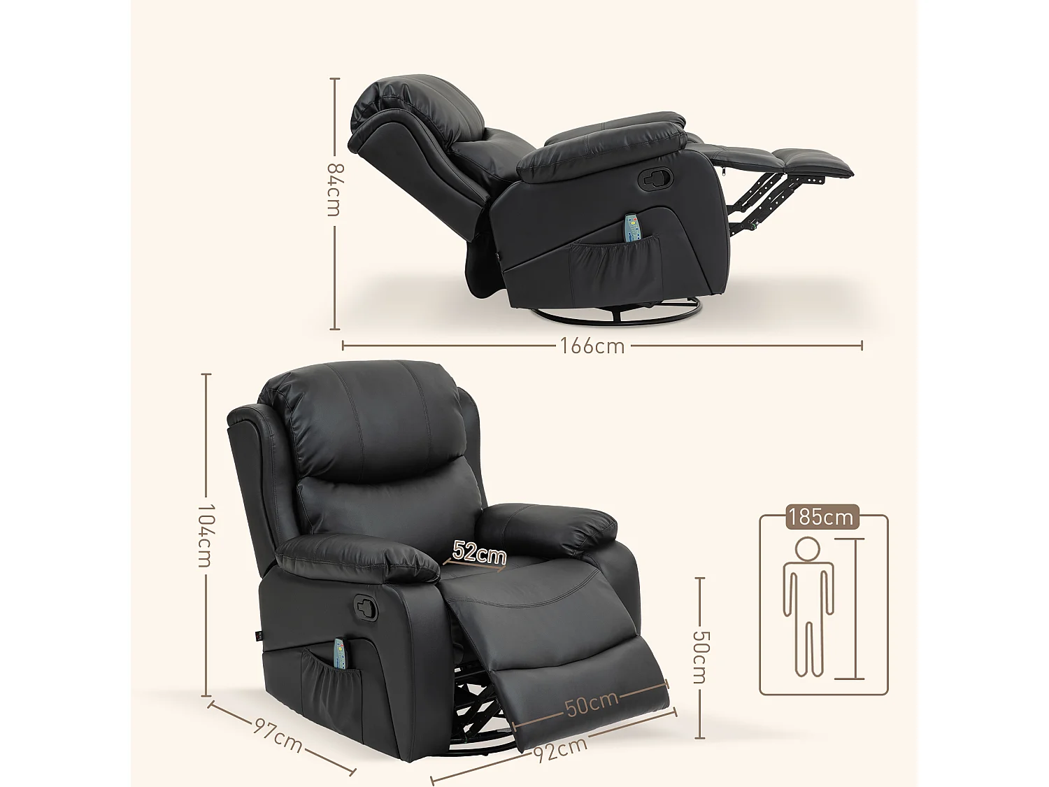 Relaxfauteuil met massage en verwarming, relaxfunctie, draaibaar, leer, zwart (97x92x104 cm)