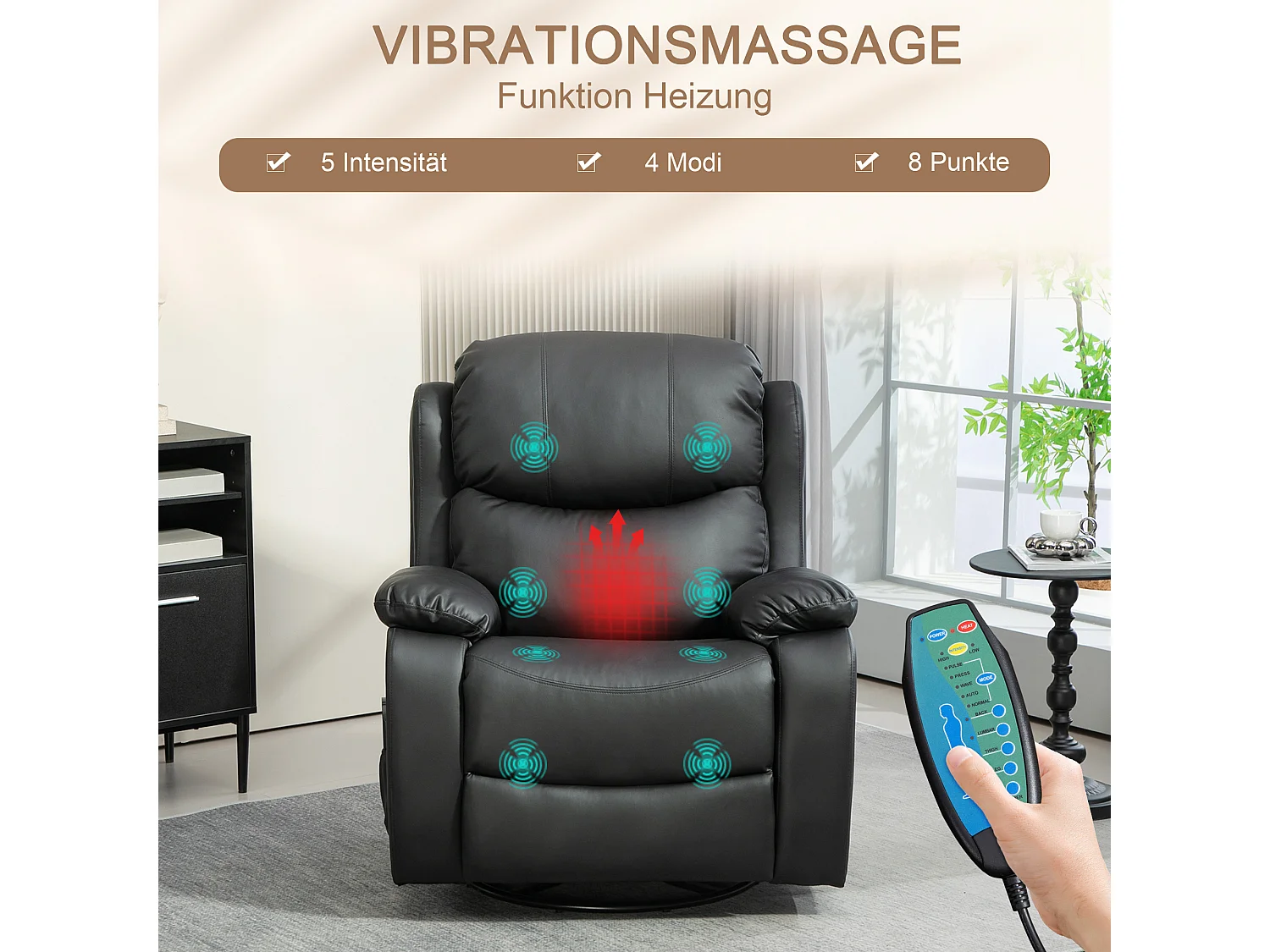 Relaxfauteuil met massage en verwarming, relaxfunctie, draaibaar, leer, zwart (97x92x104 cm)
