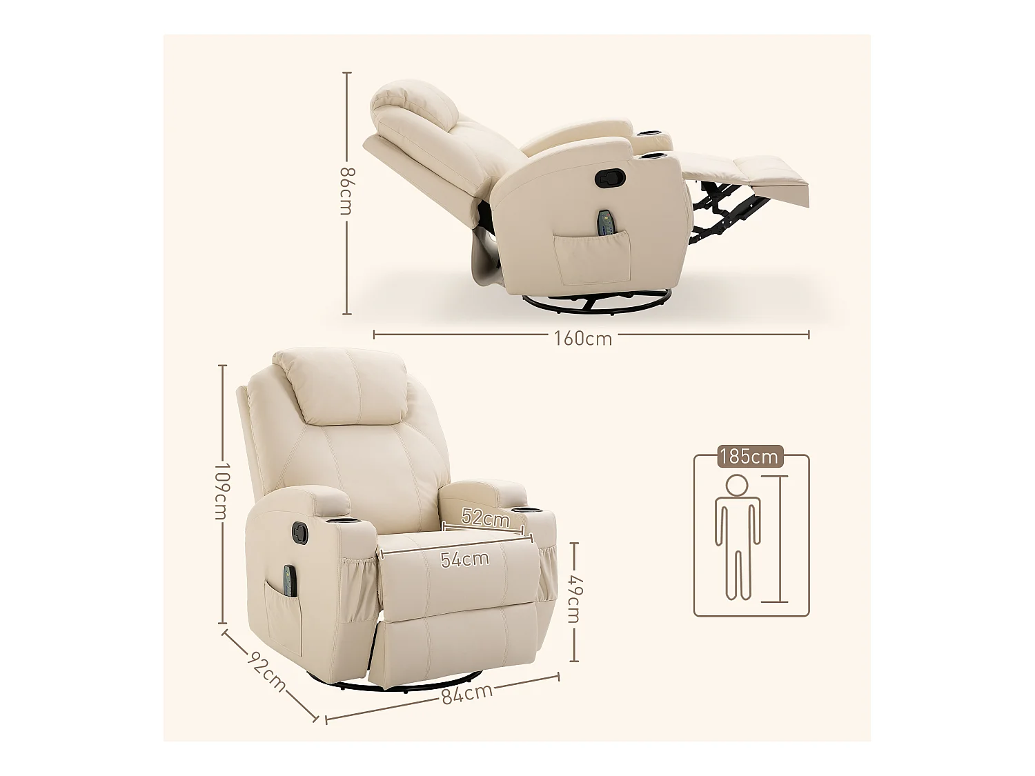 Sillón relax con función masaje, 5 modos, tapizado en polipiel, color crema (84x92x109 cm)