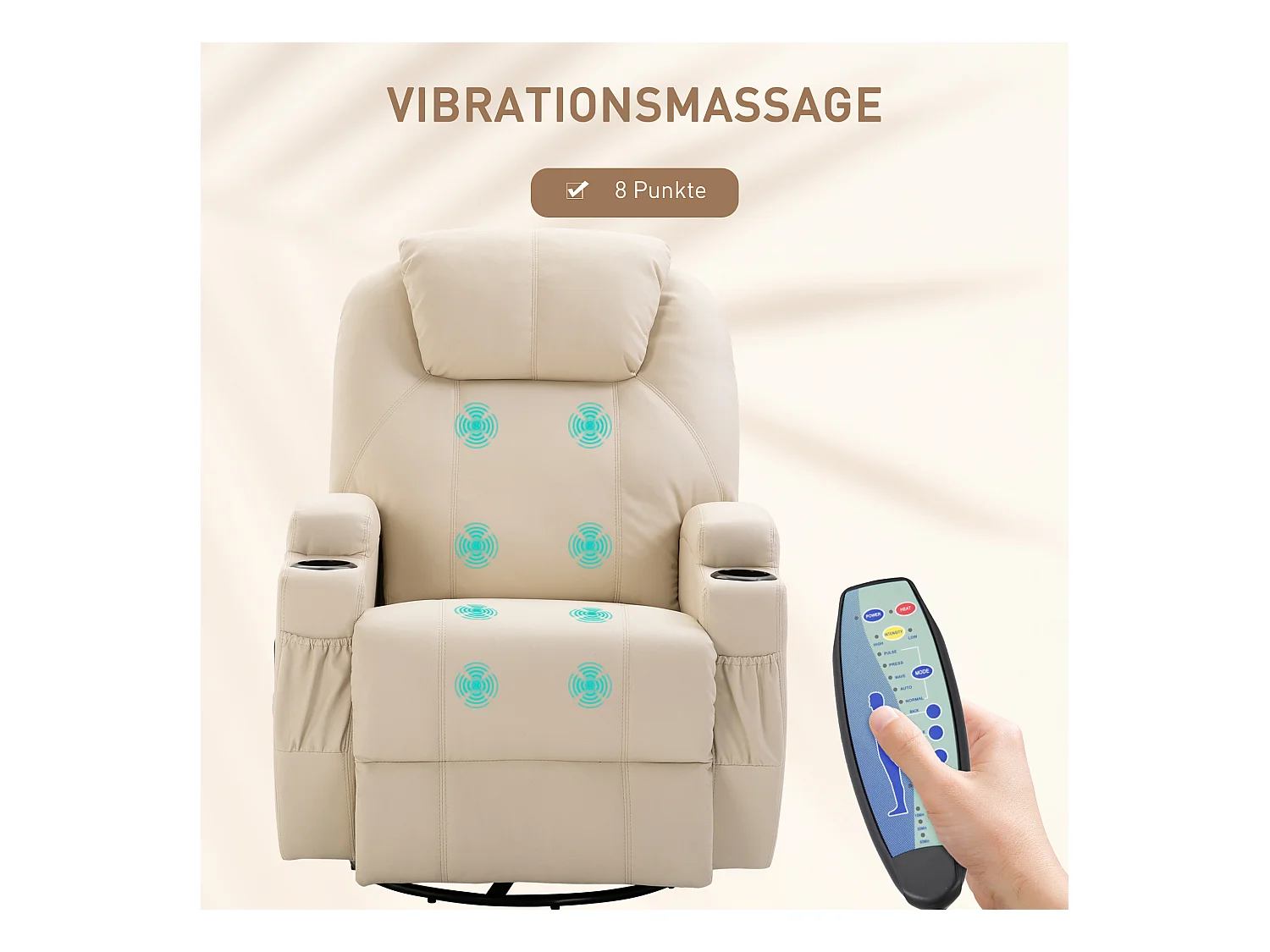 Sillón relax con función masaje, 5 modos, tapizado en polipiel, color crema (84x92x109 cm)