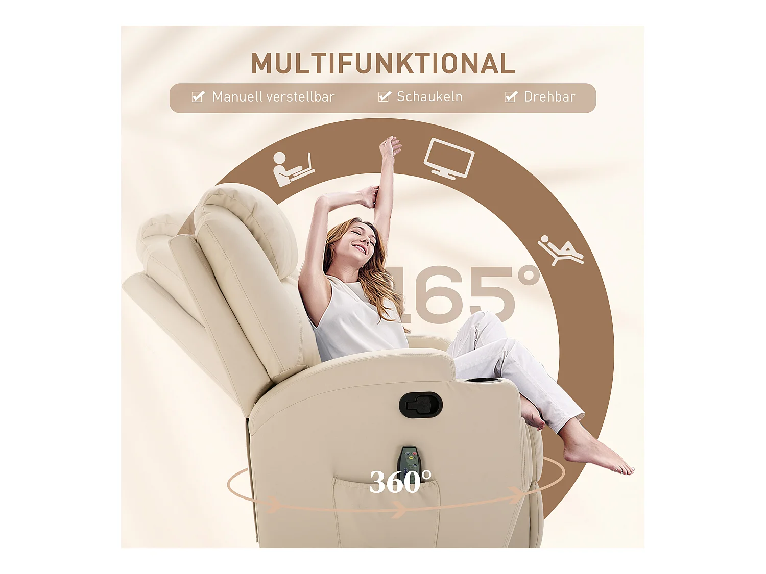 Sillón relax con función masaje, 5 modos, tapizado en polipiel, color crema (84x92x109 cm)