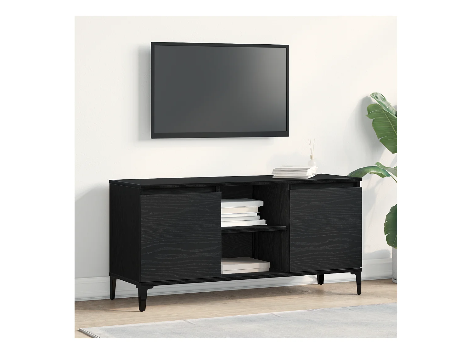 Meuble TV Noir Chêne 102x35x50 cm en bois d'ingénierie