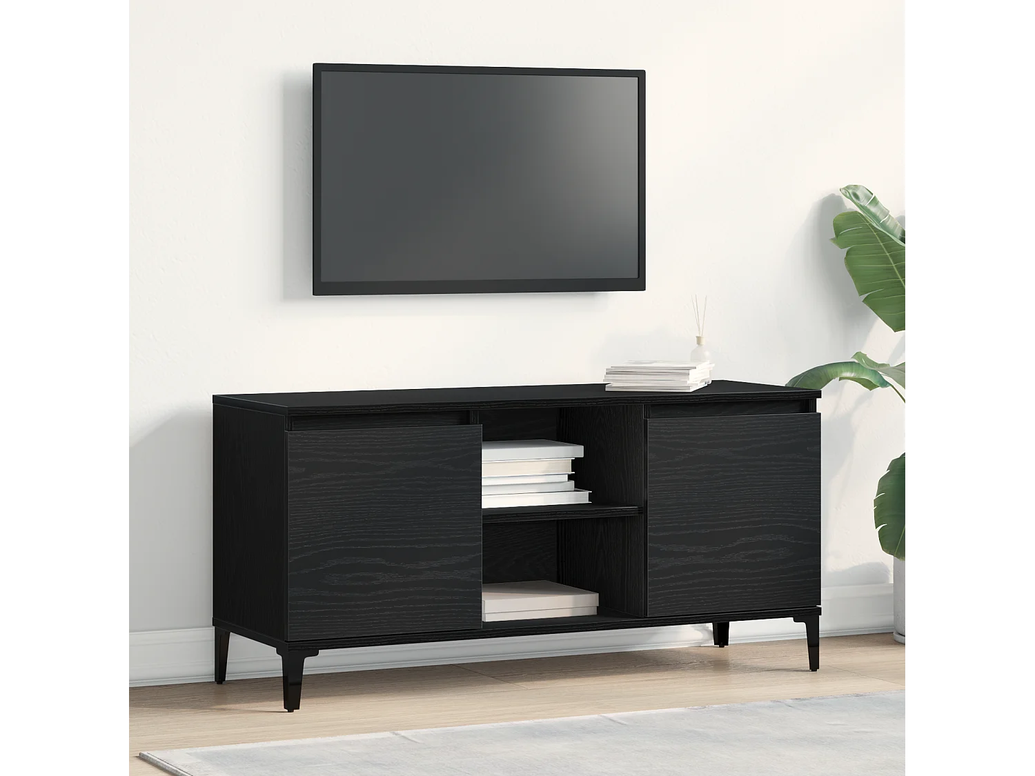 Meuble TV Noir Chêne 102x35x50 cm en bois d'ingénierie