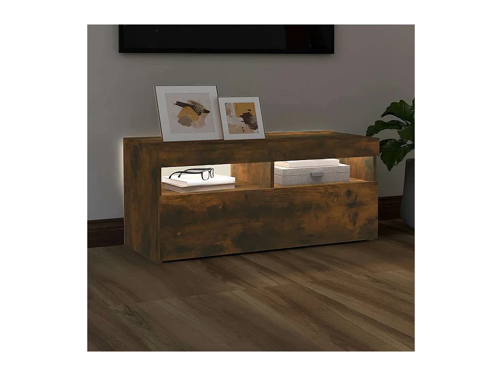 Meuble TV avec lumières LED Chêne fumé 90x35x40 cm