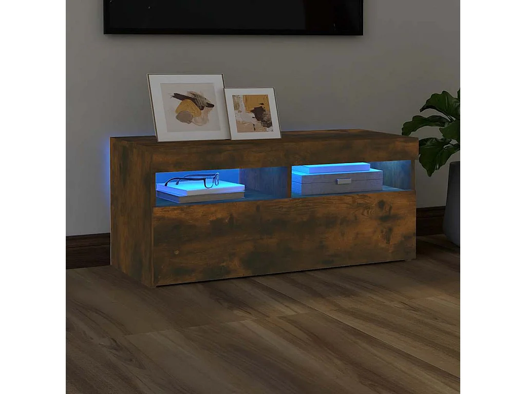 Meuble TV avec lumières LED Chêne fumé 90x35x40 cm
