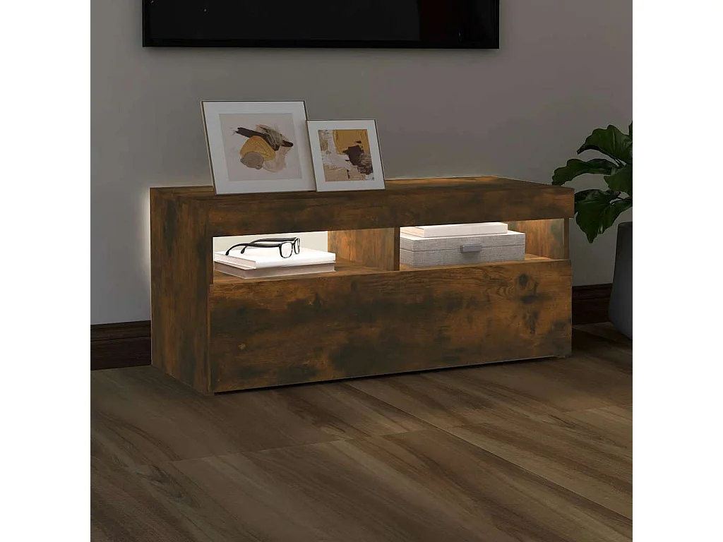 Meuble TV avec lumières LED Chêne fumé 90x35x40 cm