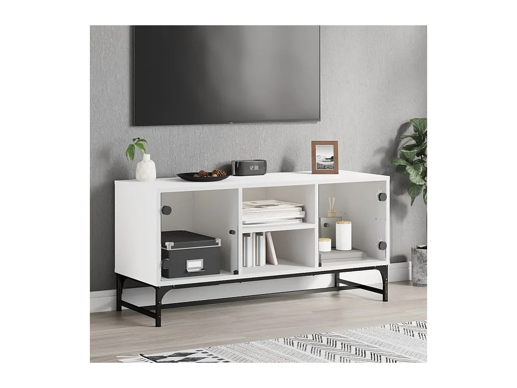 Meuble TV avec portes en verre blanc 102x37x50 cm