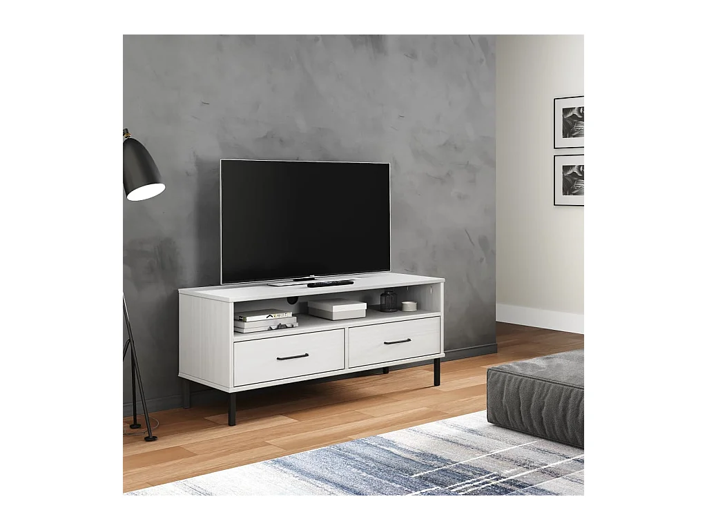 Meuble TV avec pieds en métal Blanc Bois de pin massif OSLO