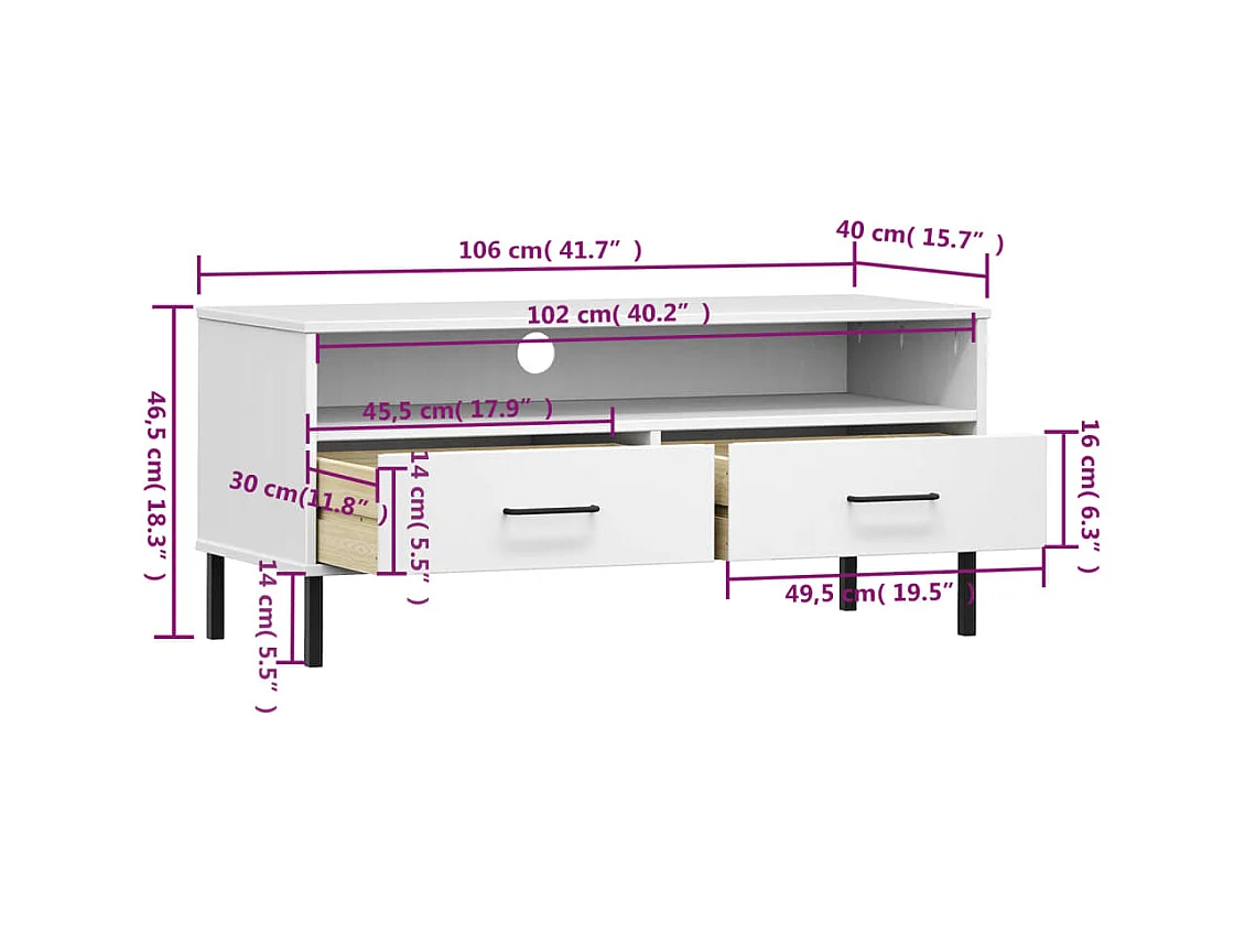 Meuble TV avec pieds en métal Blanc Bois de pin massif OSLO