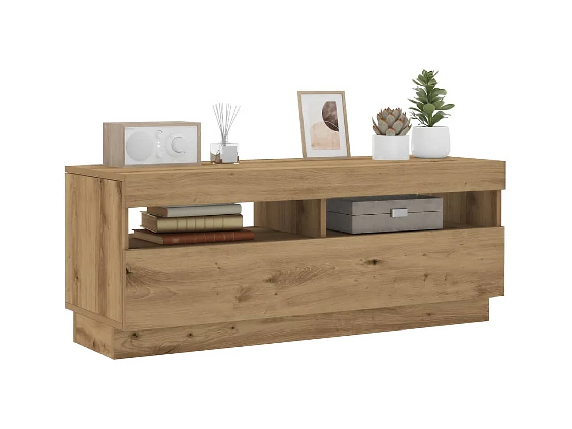 Mueble de TV con luces LED fabricado artesanalmente en madera de roble.