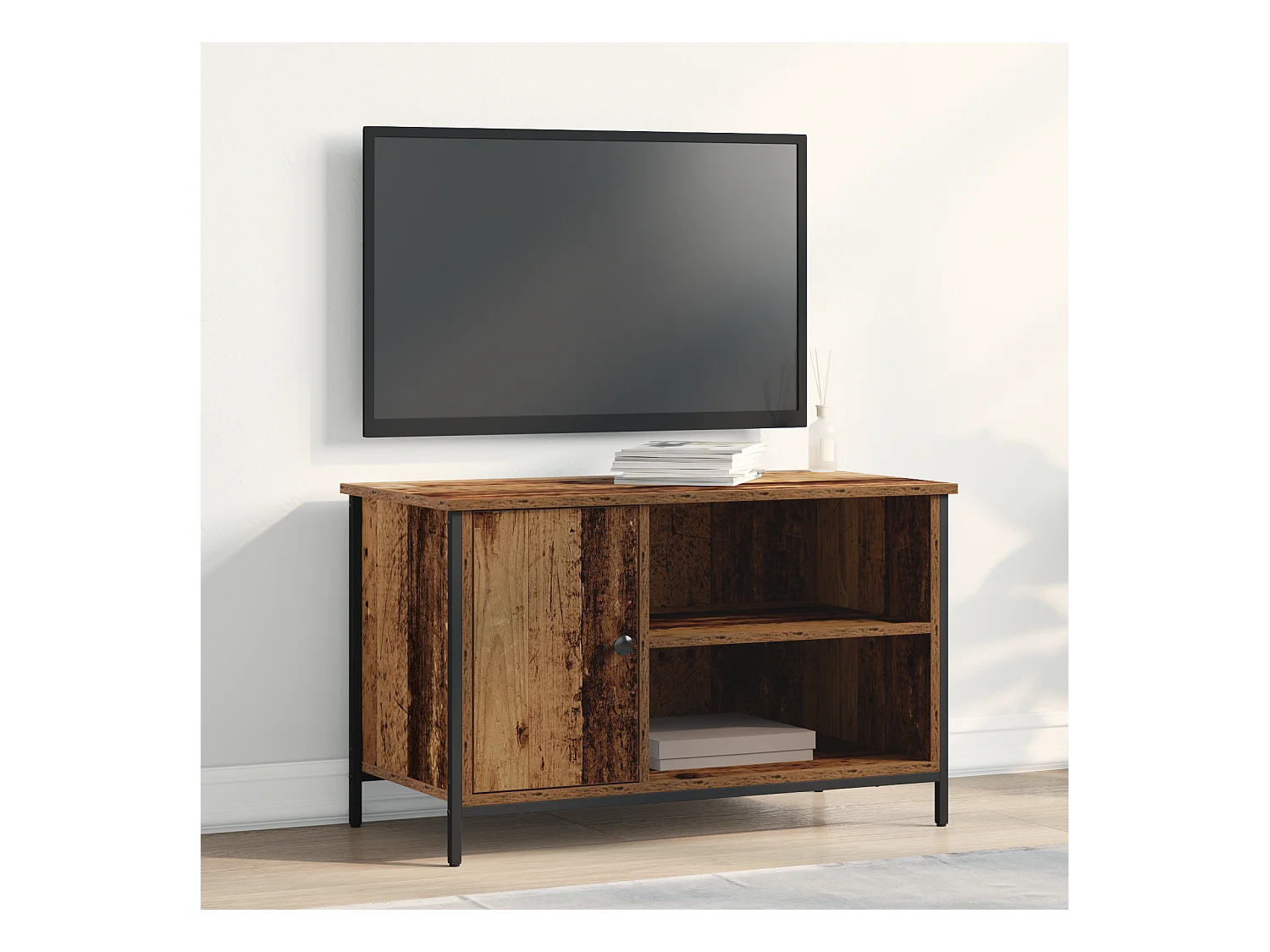Meuble TV en bois ancien 80x40x50 cm en bois aggloméré et acier