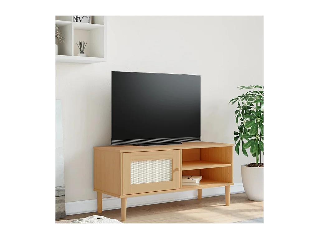 Meuble TV  aspect rotin marron 106x40x49cm bois massif pin