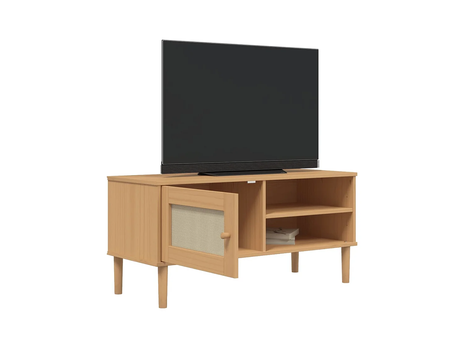Meuble TV  aspect rotin marron 106x40x49cm bois massif pin