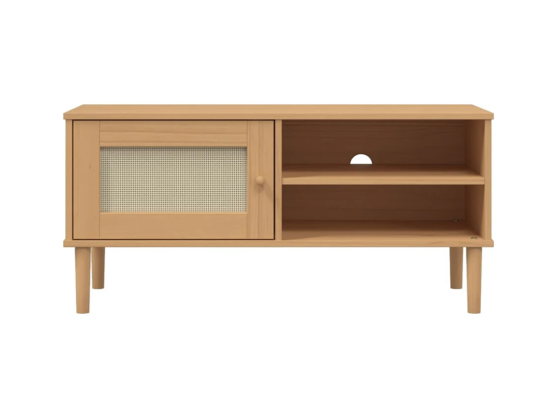 Meuble TV  aspect rotin marron 106x40x49cm bois massif pin