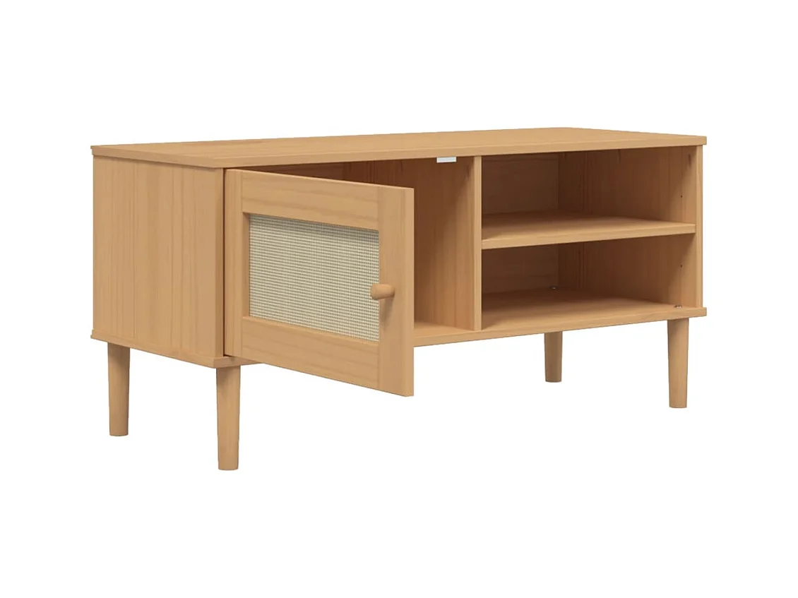 Meuble TV  aspect rotin marron 106x40x49cm bois massif pin