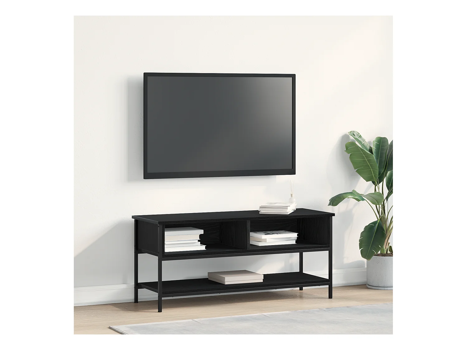 Zwarte eikenhouten tv-kast 100x35x45 cm, bewerkt hout en staal