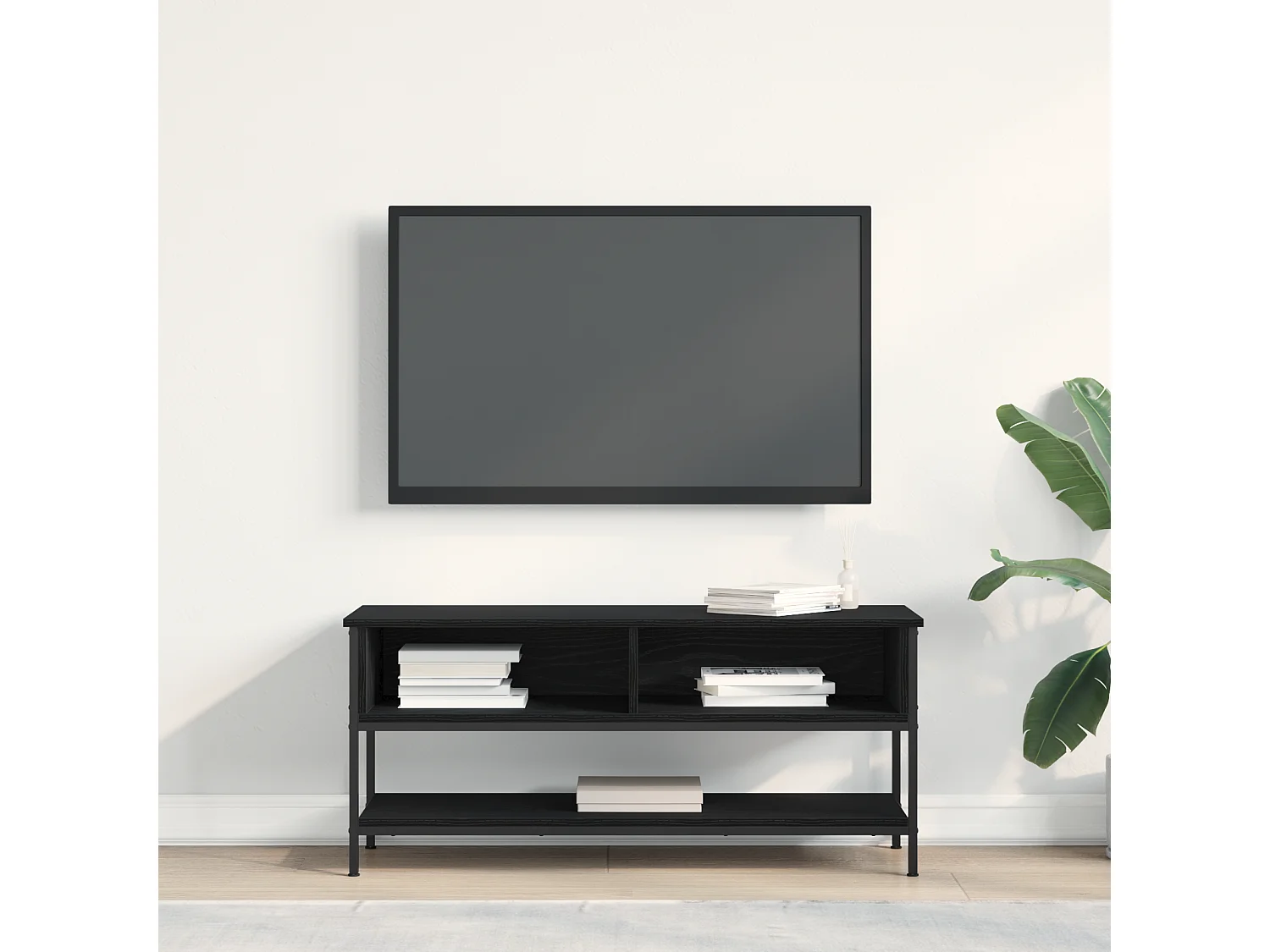 Zwarte eikenhouten tv-kast 100x35x45 cm, bewerkt hout en staal