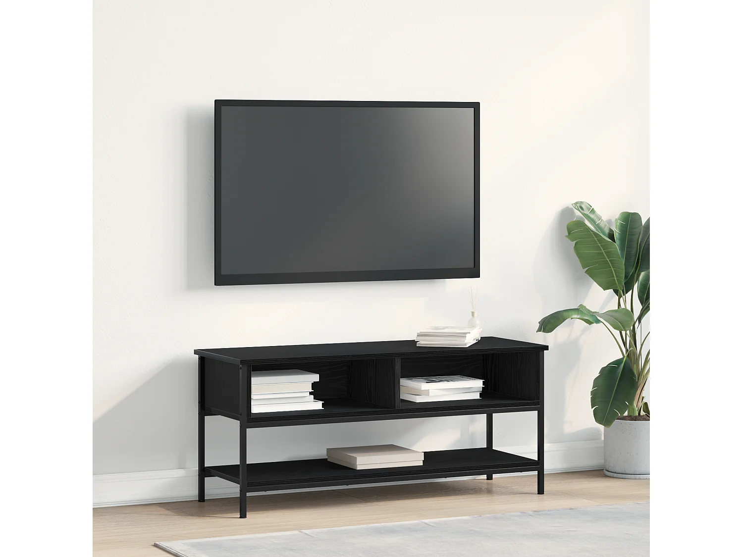 Zwarte eikenhouten tv-kast 100x35x45 cm, bewerkt hout en staal
