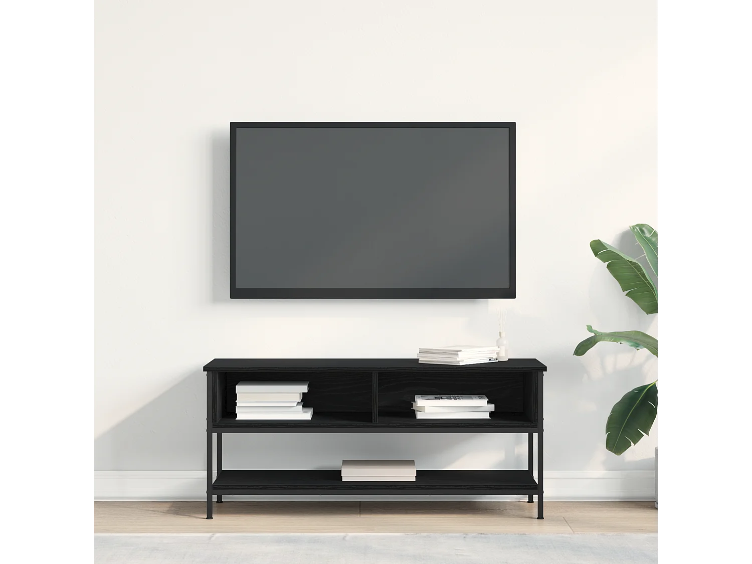 Meuble TV Noir Chêne 100x35x45 cm Bois d'ingénierie et Acier