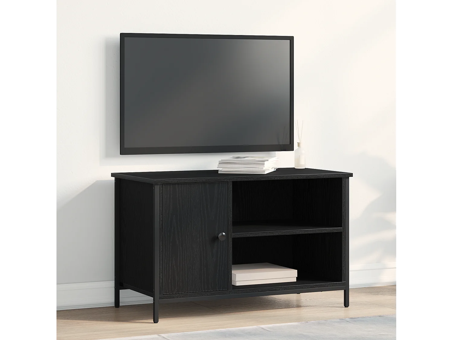 Meuble TV en chêne noir 80x40x50 cm en bois d'ingénierie et acier