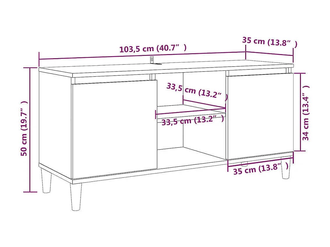 Mobile TV con gambe in legno massello Rovere affumicato 103,5x35x50 cm