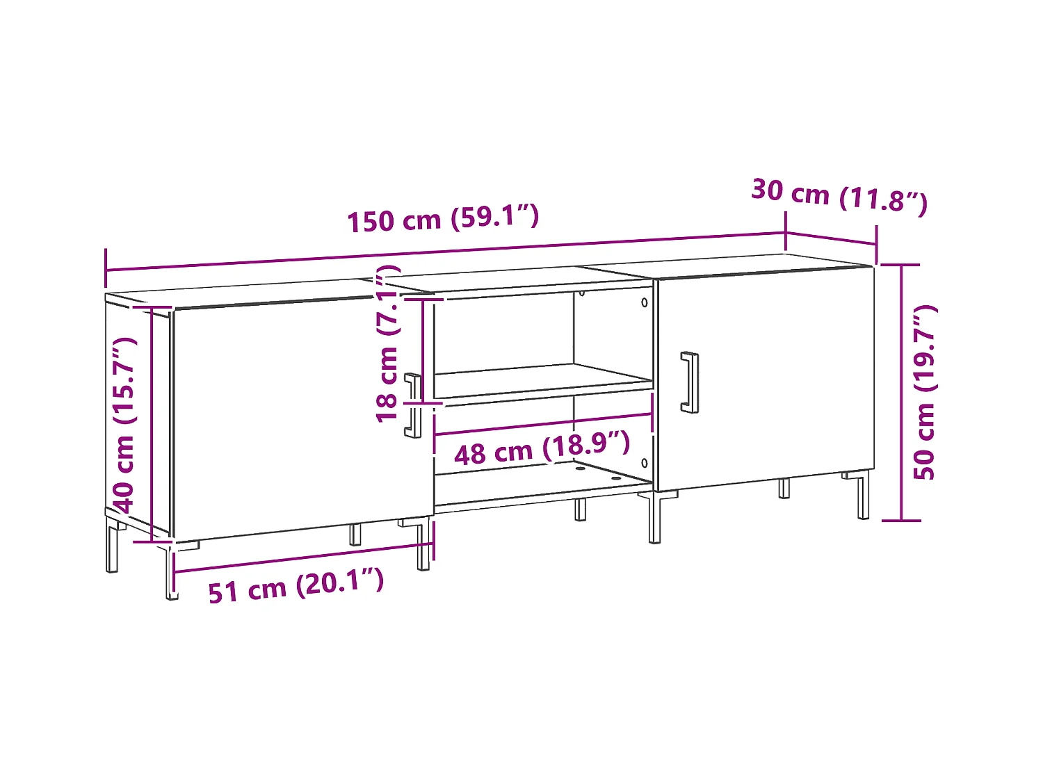 Zwarte eiken tv-kast 150x30x50 cm bewerkt hout