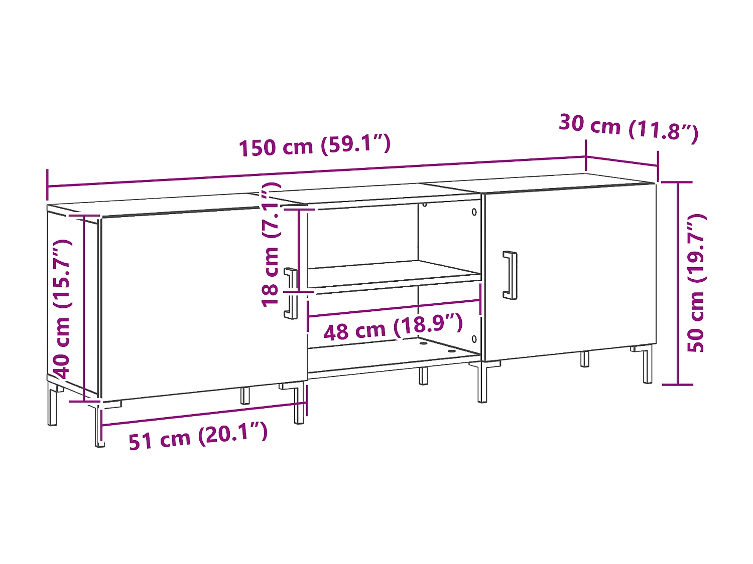 Meuble TV Noir Chêne 150x30x50 cm Bois d'ingénierie
