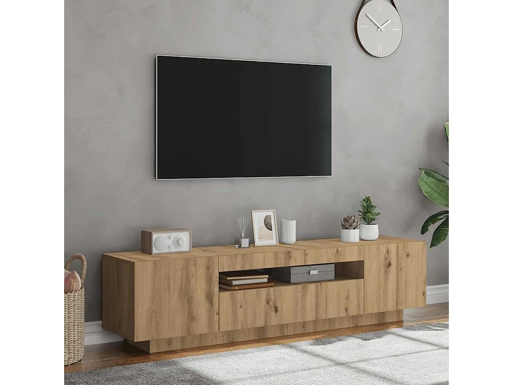 Meuble TV avec lumières LED chêne artisanal bois d'ingénierie