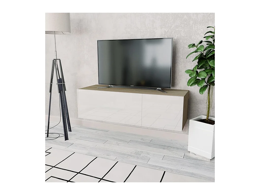 TV-kast van bewerkt hout 120x40x34cm Eiken en glanzend wit