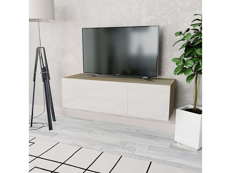 Meuble TV bois d’ingénierie 120x40x34cm Chêne et blanc brillant