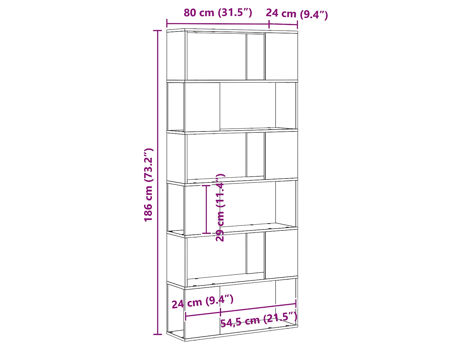 Étagère en chêne noir 80x24x186 cm en bois d'ingénierie