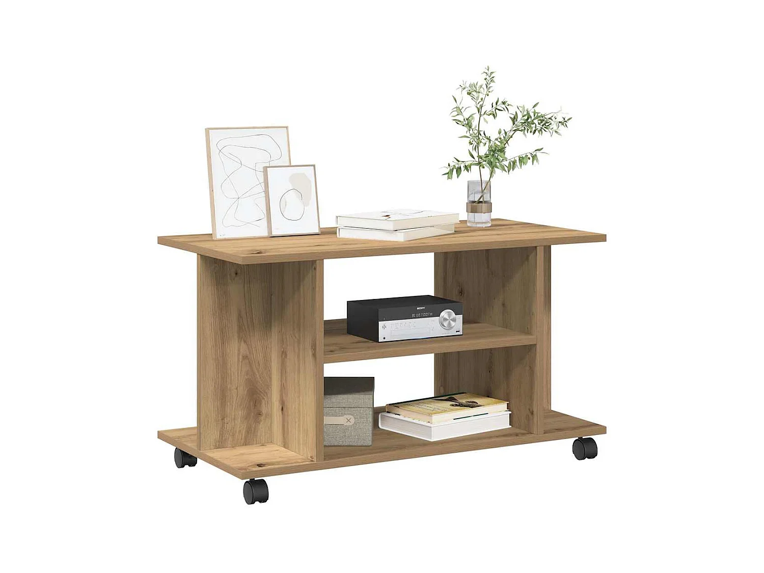 Meuble TV roulettes chêne artisanal 80x40x45 cm bois ingénierie