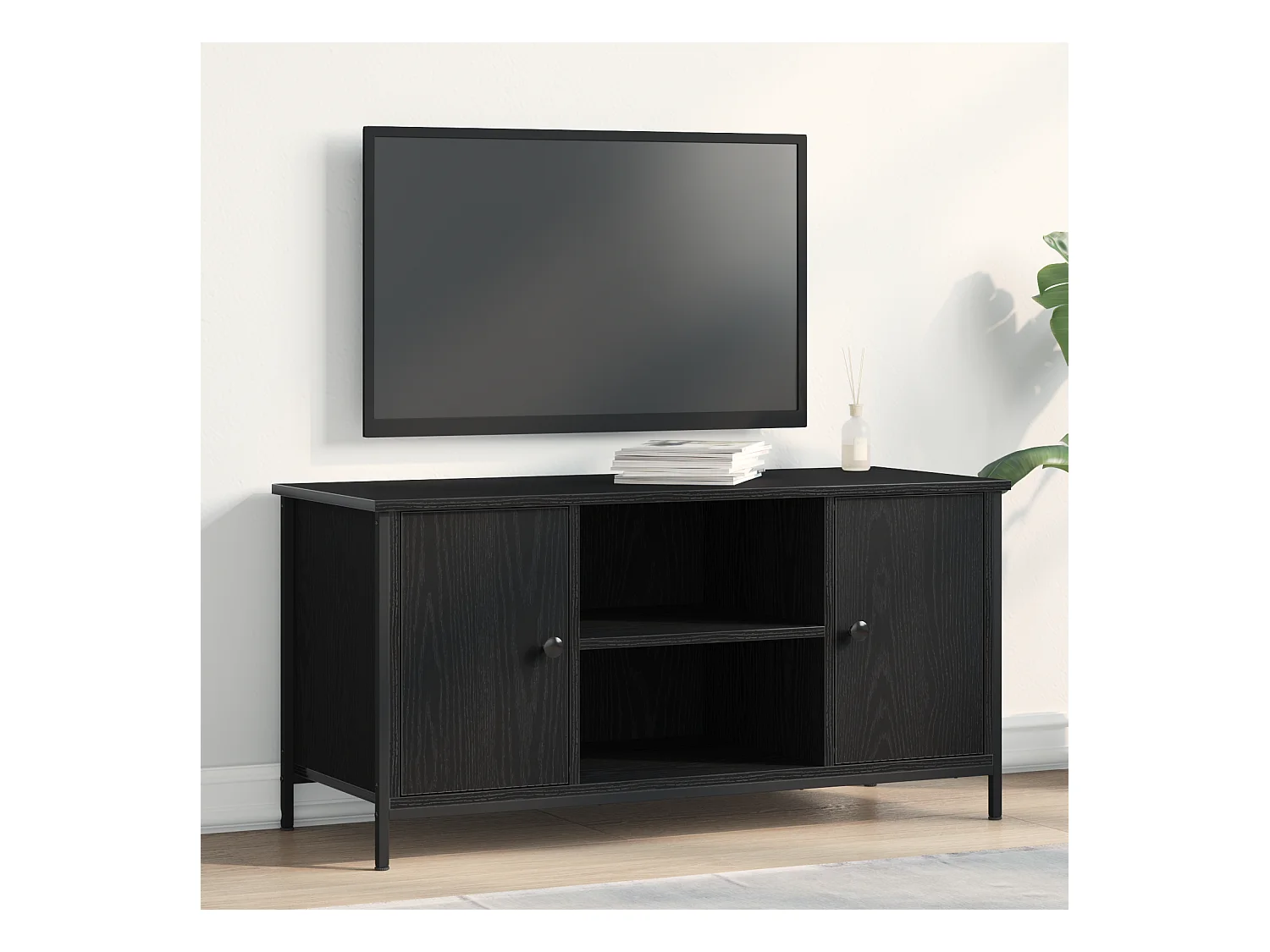 Meuble TV Noir Chêne 100x40x50 cm Bois d'ingénierie et Acier